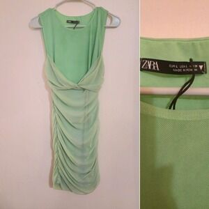 Zara Green Draped Ruched Mesh Mini Dress Size L